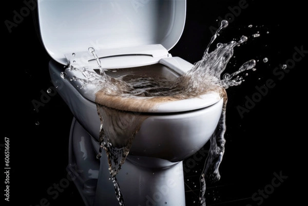 Fototapeta Clogged sewer system. Water rises from the toilet bowl. Created with Generative AI technology.