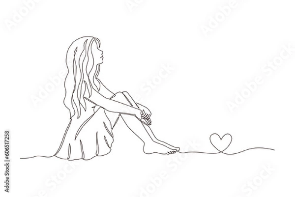 Fototapeta The sitting girl looks up in anticipation. Hand drawn illustration in the style of a continuous line.