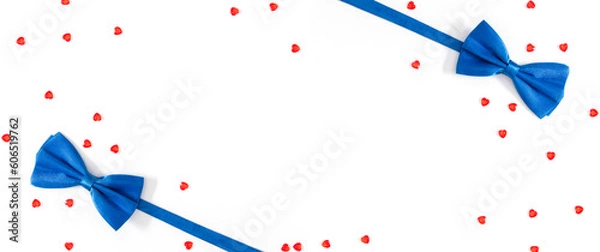 Fototapeta Father's Day concept. Flat lay top view of blue bow ties red heart confetti isolated on white background with space for text or promotion and greeting message, banner
