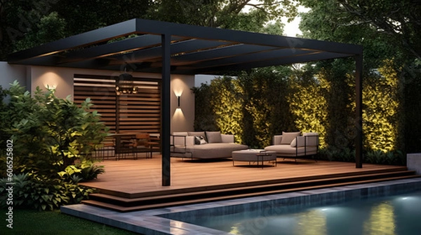 Obraz Discover the Luxurious Outdoors: Where a Teak Deck and Modern Black Pergola Create a Garden Haven with generative AI Technology