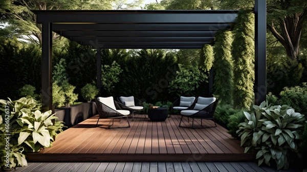 Obraz Discover the Luxurious Outdoors: Where a Teak Deck and Modern Black Pergola Create a Garden Haven with generative AI Technology