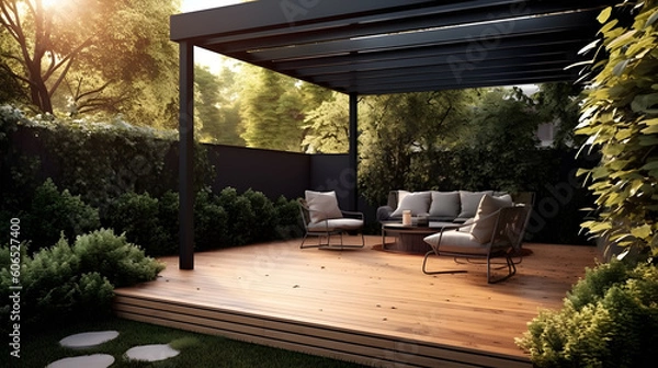 Obraz Discover the Luxurious Outdoors: Where a Teak Deck and Modern Black Pergola Create a Garden Haven with generative AI Technology