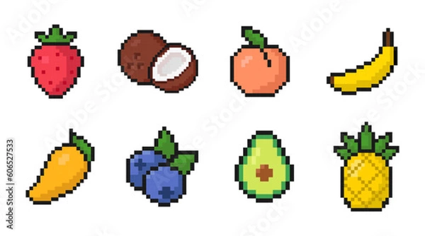 Obraz pixel fruit icon set for games or mobile apps, colorful pixel art, old style 8 bit icons, vector collection