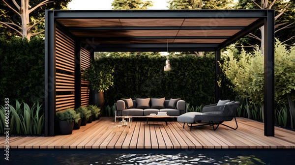 Obraz Discover the Luxurious Outdoors: Where a Teak Deck and Modern Black Pergola Create a Garden Haven with generative AI Technology