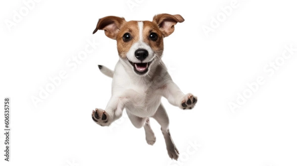 Fototapeta A happy jumping dog in the air on a transparent background, Generative AI