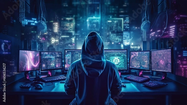Fototapeta Dark Cyber Intrusion Hooded Hacker Breaches Government Servers, Unleashing Viral Chaos in Shadowy Hideout by ai