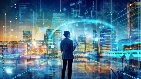 Fototapeta A young girl captivated by her thoughts, envisions a vibrant digital world, Unleashing the Power of Imagination. where her wildest dreams come to life, and imagination takes flight by ai