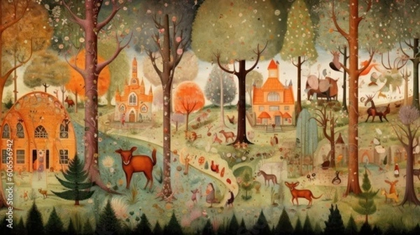 Fototapeta Depict a whimsical forest filled with enchanted trees, talking animals, and hidden magical beings
