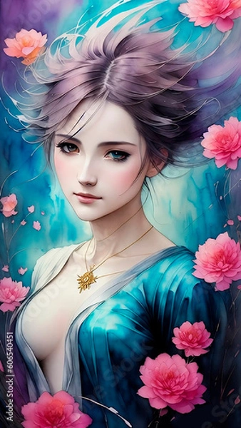 Fototapeta Beautiful girl. Watercolor. (Created with Generative AI technology)	