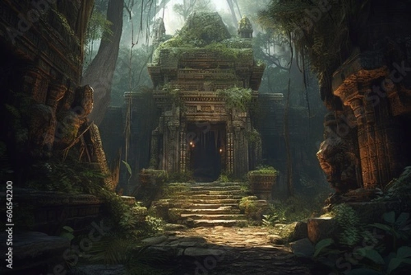 Fototapeta Generative AI illustration of ancient temple ruins in a jungle
