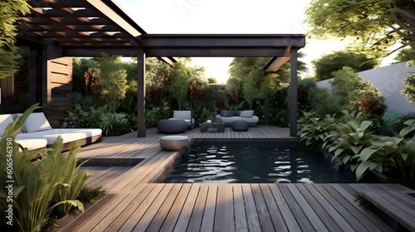 Obraz Explore the Luxurious Realm of an Outdoor Garden Oasis: Uniting a Teak Hardwood Deck with an Elegant Black Pergola