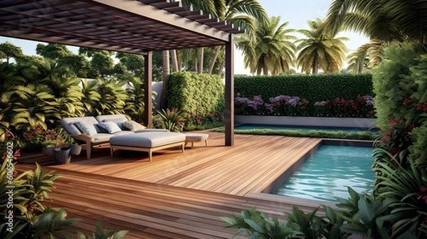 Obraz Explore the Luxurious Realm of an Outdoor Garden Oasis: Uniting a Teak Hardwood Deck with an Elegant Black Pergola