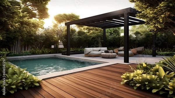 Obraz Explore the Luxurious Realm of an Outdoor Garden Oasis: Uniting a Teak Hardwood Deck with an Elegant Black Pergola