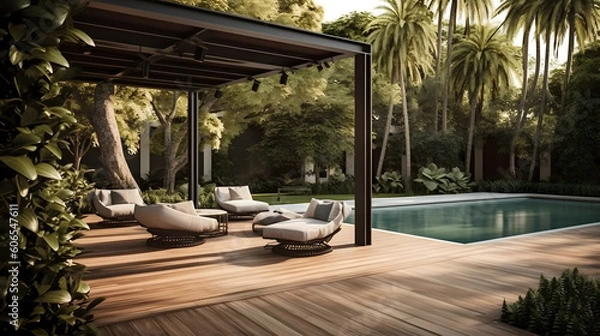 Obraz Explore the Luxurious Realm of an Outdoor Garden Oasis: Uniting a Teak Hardwood Deck with an Elegant Black Pergola