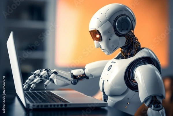 Fototapeta Charming Humanoid Robot Engaged in Laptop Work, Generative AI.