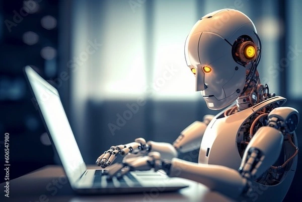 Fototapeta Charming Humanoid Robot Engaged in Laptop Work, Generative AI.