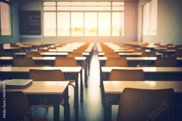 Fototapeta Deserted Conference and Classroom Spaces: Blurred Business and School Environments with Vacant Tables and Chairs, Generative AI.