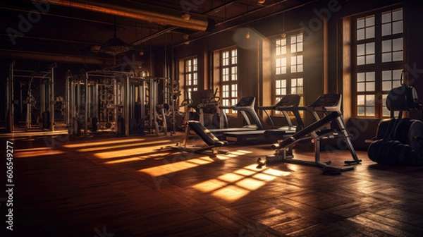 Fototapeta Stylish gym background, gym with exercise equipment without people, sunrise or sunset in the gym ai generative