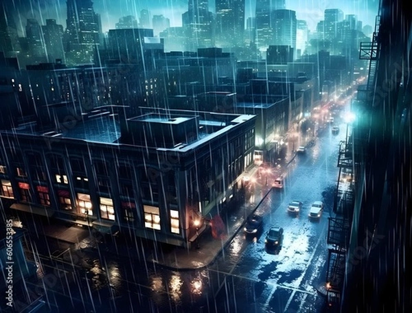 Obraz Rainy Night in Urban Landscape, Neon Light Reflections in Water Droplets, Top-Down View, Ultra-Realistic, Moody Noir-Style, Generative AI, Generative, KI