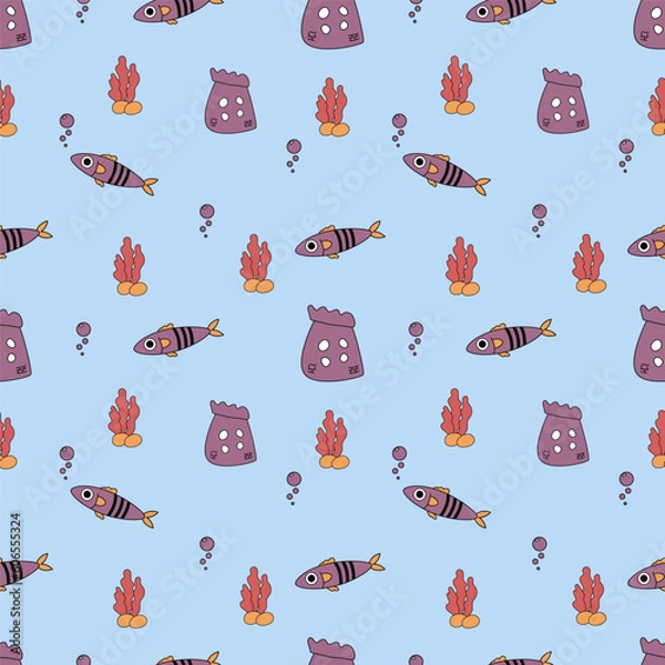 Fototapeta Vector seamless pattern with fishes. Fishes in flat style