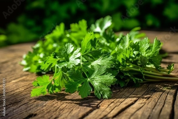Fototapeta coriander leaves spread out on a rustic wooden surface