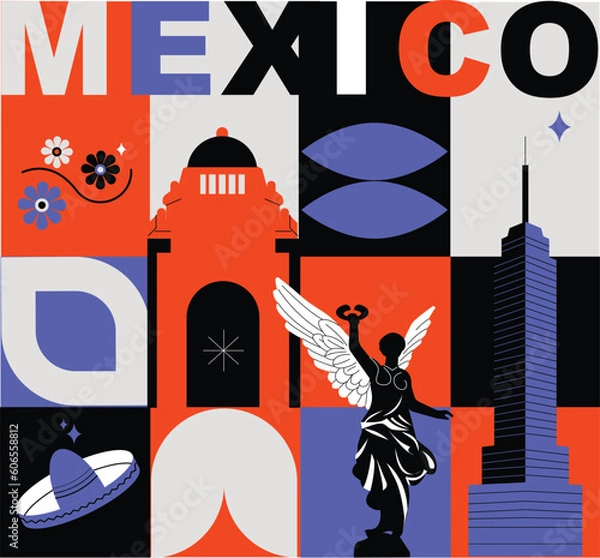 Obraz Typography word "Mexico City" branding technology concept. Collection of flat vector web icons, culture travel set, famous architectures and specialties detailed silhouette. Mexican famous landmark.