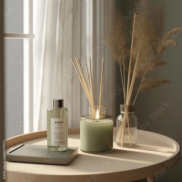 Obraz An incense diffuser and a candle on a table top with generative AI Technology