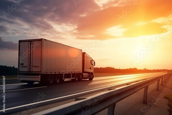 Fototapeta Logistyka importowa eksport i transport ładunkowy Przemysł koncepcji ciężarówki kontenerowej Run na Highway Road o Sunset Blue Sky Tło, generatywne AI