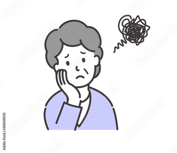 Obraz 頬に手を当てて悩んでいる高齢女性の上半身イラスト