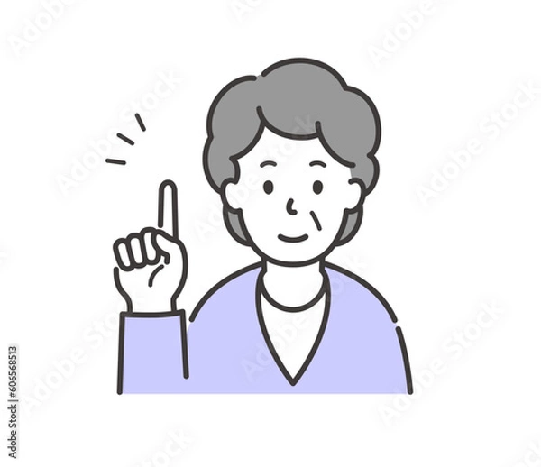 Obraz 人差し指を立てて説明する様子の高齢女性の上半身イラスト