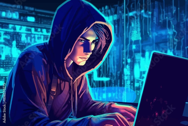 Fototapeta Hacker in hoodie breaking into data server dark theme.