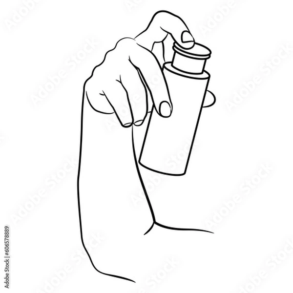Fototapeta Human hand holding a spray can or some cleaning agent bottle. Black and white linear silhouette.