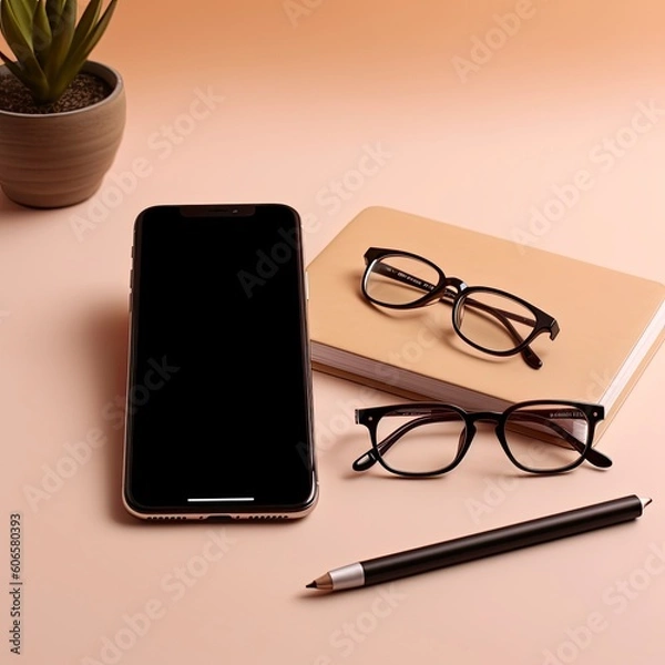Fototapeta a notebook, glasses and cell phone are placed on a table Generative Ai