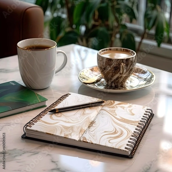 Fototapeta an open notebook next to a coffee and a laptop Generative Ai