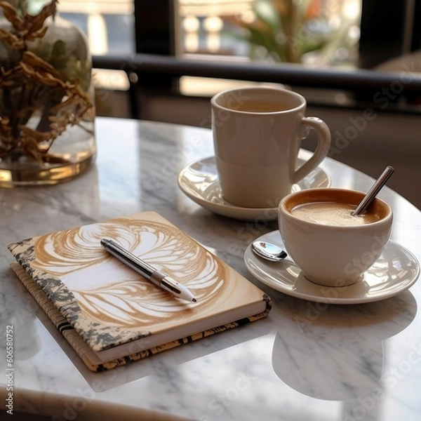 Fototapeta an open notebook next to a coffee and a laptop Generative Ai