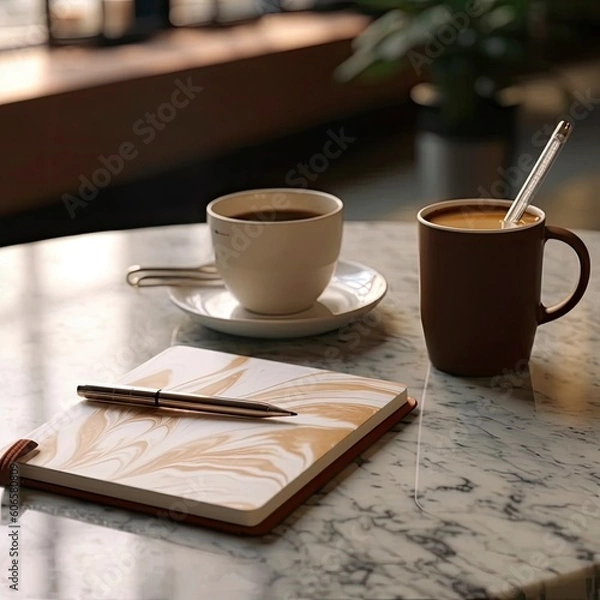 Fototapeta an open notebook next to a coffee and a laptop Generative Ai