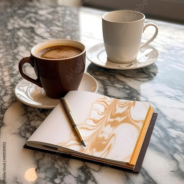 Fototapeta an open notebook next to a coffee and a laptop Generative Ai