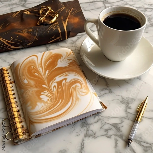 Fototapeta an open notebook next to a coffee and a laptop Generative Ai