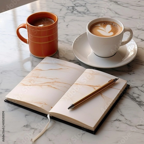 Fototapeta an open notebook next to a coffee and a laptop Generative Ai