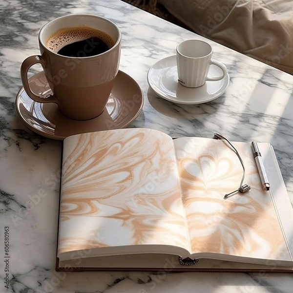 Fototapeta an open notebook next to a coffee and a laptop Generative Ai