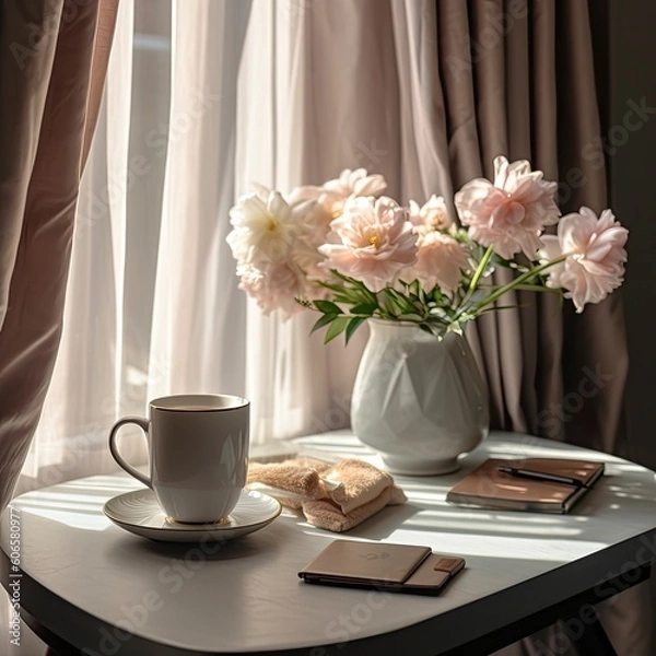 Fototapeta a table with a vase of pink flowers with a cup and laptop Generative Ai