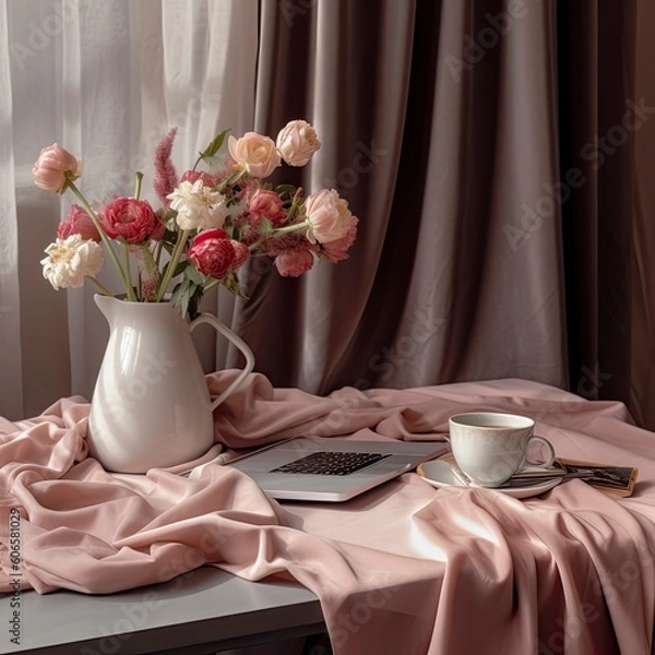 Fototapeta a table with a vase of pink flowers with a cup and laptop Generative Ai