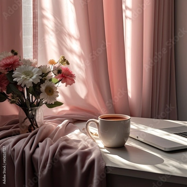 Fototapeta a table with a vase of pink flowers with a cup and laptop Generative Ai