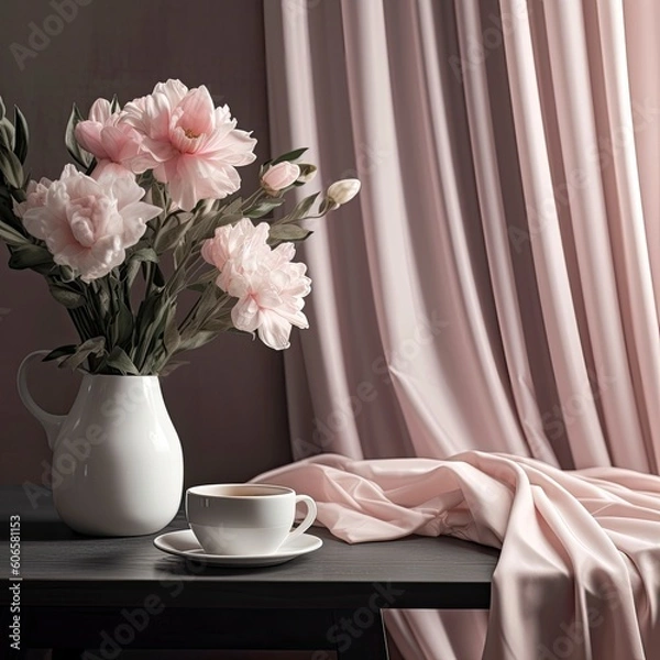 Fototapeta a table with a vase of pink flowers with a cup and laptop Generative Ai