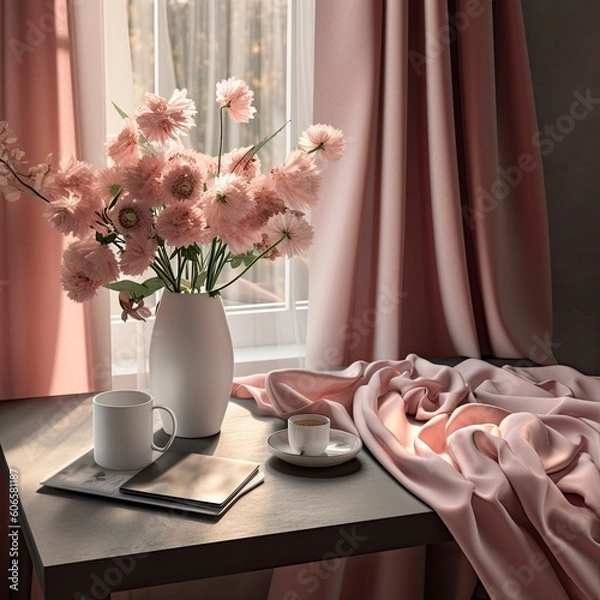 Fototapeta a table with a vase of pink flowers with a cup and laptop Generative Ai