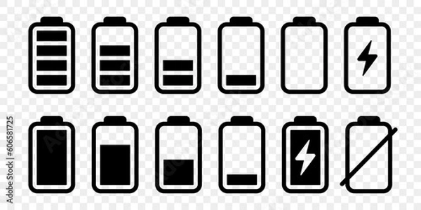 Fototapeta Battery icons set. High quality black style vector icons. Baterry charge indicator. Batery level, energy, full. Power low up status batteries logo.