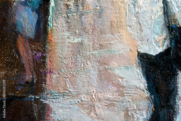 Fototapeta Macro. Abstract art. Expressive embossed pasty oil paints and reliefs. Colores: white,ocher, grey, brown, black.