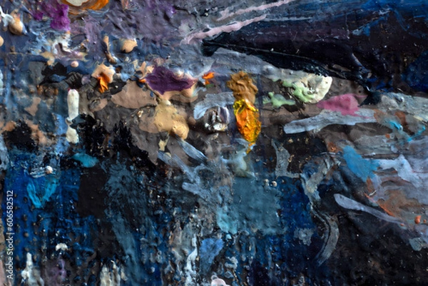 Fototapeta Macro. Abstract art. Expressive embossed pasty oil paints and reliefs. Colores: white,ocher, grey, blue, black, yellow