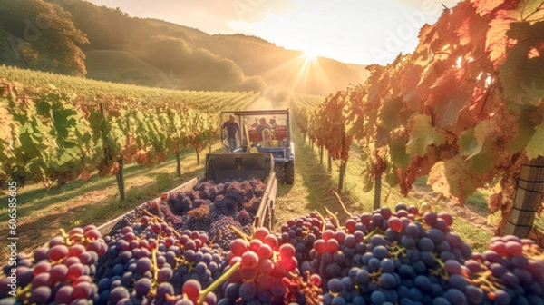 Fototapeta Illustration of Grape Harvest from Vines in Vermont Vineyard Illustration Digital Art Generative AI Background Wallpaper Cover Magazin 