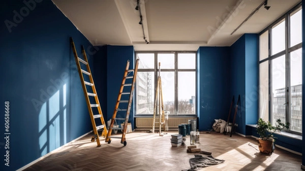 Fototapeta A Room under Renovation Painted in Blue Color